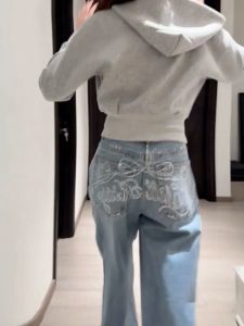 American Retro Kitty Bow Tie Denim Pants Womens Autumn New Street Design Sense High Waist Wide Leg Pants Embellished Jeans