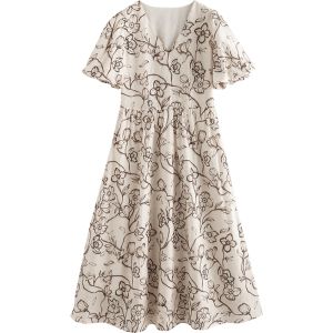 Toyouth | Đầm Nghỉ Dưỡng In Hoa V-neck Tay Bồng Thắt Eo Lyocell