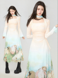 KEIKO | Oil Painting Style Retro V-Neck Stretch Fitted Dress