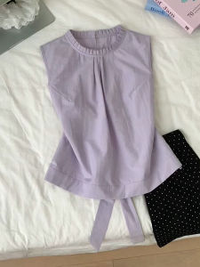 LJYR | Korean Style Sweet Purple Round Neck Vest Shirt Wooden Ear Detailing Back Adjustable No Sleeve