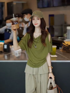 ZHILU | Áo Thun cổ Swing Vintage Cắt Khoét