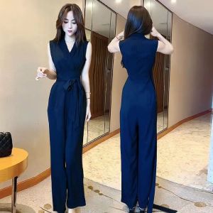 French Elegant V-neck Waist-cinching Sleeveless Drapey Jumpsuit Womens High-waisted Wide-leg Pants Summer 2024 Slim Fit