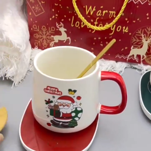 Christmas Cup Gift Set Souvenir Cute Christmas Mug With Lid Santa Claus Spoon& Insulated Coaster