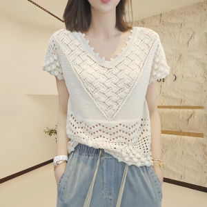 Shalldoer | Heavyweight Design Knitted Short Sleeve V-Neck Womens Top Bead Hook Flower Hollow Out Fashionable Anti-Aging Summer Shirt