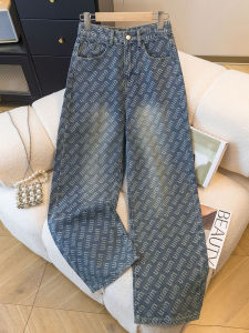 American Style Striped Loose Wide Leg Jeans for Women High Waist Zipper Daily Wear Spring Autumn Letter Weaving Design