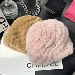 Thickened Knitted Rabbit Fur Hat Winter Warm Ear Protection Head Cover Sweet Cute Style Womens No Brim Cap round Top Hat