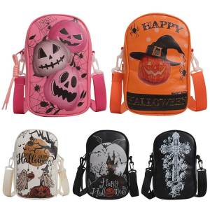 11THHalloween PU Crossbody Bag Pumpkin Shoulder Bag Adjustable Strap Gothic Sling Bag Zip Closure Novelty Shoulder Purse