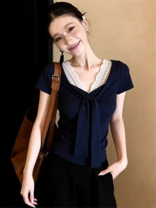 Design Lacy Cape Short Sleeve T-shirt Summer Sweet-Spicy Style Crop Top