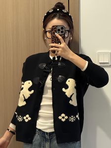 American Style Sweet Cute Rabbit round Neck Knitted Sweater Womens Spring Autumn Loose Lazy Style Zipper Knitted Cardigan Coat