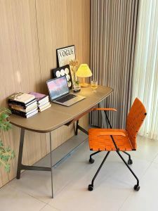 Normcore Solid Wood Desk Chair Combination Stainless Steel Saddle Leather Computer Desk Modern Desk Student Household Writing Desk
