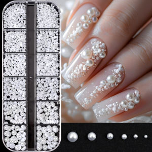 12Grids 3D Mixed White Pearls Nail Charms 0.15-0.5mm Round/Semicircle Pearl Beads Nail Art Rhinestones DIY Manicure Accessories