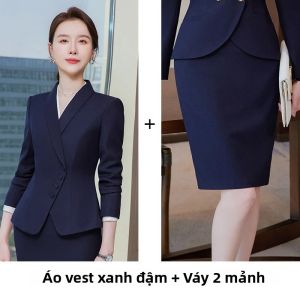 Bộ Vest Nữ 2 Mảnh Áo Khoác Dài Tay Chân Váy Ôm Sát Màu Xanh Navy Và Màu Đào Đồng Phục Công Sở Phong Cách Nữ Doanh Nhân