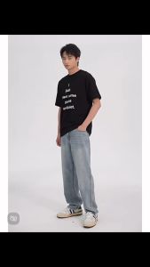 กางเกงยีนส์ผู้ชายขายาวกางเกงยีนส์ทรงกระบอกย้อนยุคผ้าทรงหลวมทรงกระบอกใหญ่สไตล์เกาหลี