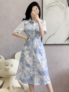 French Blue Shibori Shirt Dress Womens Summer New Waist Cinching Slimming Design Sensation Small Crowd Long Skirt