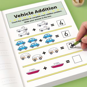 A 64-page math workbook with colorful pages featuring counting activities addition and subtraction number line from 1-20 serv