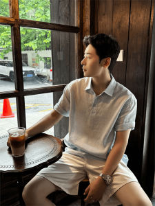 Áo Thun Nam Cổ Polo Cotton Lanh Pha Sợi Nylon Nhanh Khô Mùa Hè Màu Xanh Nhạt Tay Ngắn Cổ Polo Chất Liệu Thoáng Khí Thoải Mái