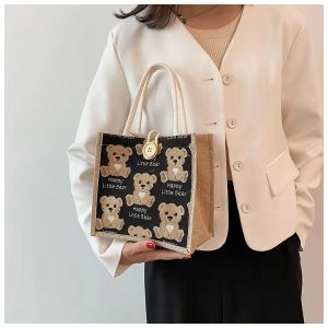 Trendy Cute Bear Canvas Bag Linen Handbag Bento Bag Student Fresh Style Double Shoulder Bag Zipper Closure Breathable Pocket
