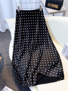 Black Acetate Satin Polka Dot Half Skirt Womens A-Line Long Dress Summer 2025 plus Size Flattering French Style Swing Skirt