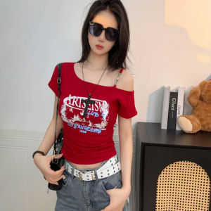 LUOFEN | Off-Shoulder Short Sleeve T-Shirt Summer Fashionable Slant Collar Print Sleeveless Green Fitted Top