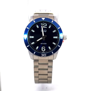 Q&Q Q85B-004PY* Silver & Blue Mens Stainless Steel Watch