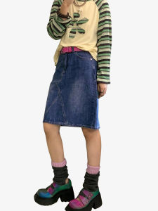 Washed Blue Denim Skirt Womens Versatile Slimming A-Line Midi Skirt High Waist Loose Fit Regular Thickness Pure Color