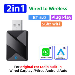 Grandnavi | New 2IN1 Wireless CarPlay Adapter&Android Auto Wireless Adapter 5Ghz WiFi Type-C/USB Plug Play CarPlay Wireless