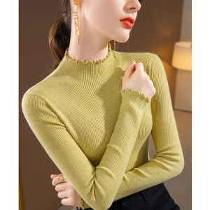 Zotina ผู้หญิง เสื้อผ้าถัก แขนยาว สลิมฟิต เสื้อชั้นฐานครึ่งสูง ปกเสื้อ หูคล้องสีบริสุทธิ์สไตล์เดินทางถัก เสื้อท่อนบน