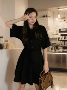 plus Size Womens Summer Polo Collar Drawstring Waist Slimming Belly Covering Dress Short Sleeve A-Line Midi Dress