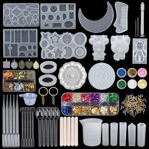 Epoxy Silicone Mold Set Jewelry Casting Mold Kit with Hand Drill Glitter Sequins and Tools for Pendant Earring Keychain Making
