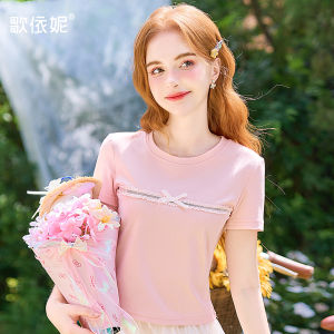 HEYINI | Pink Crewneck Regular Fit Short Sleeve T-Shirt Women