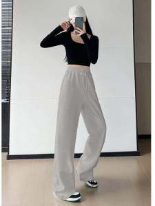 กางเกงขายาวทรงตรงสีเทาสำหรับผู้หญิง กางเกงขายาวทรงหลวมสบาย ๆ สำหรับฤดูใบไม้ร่วงและฤดูหนาว กางเกงขายาวทรงหลวมทรงสปอร์ตแบบลำลองสำหรับสาวๆ สไตล์อเมริกัน