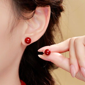 Red Earring Natural Cinnabar Pure Silver Womens Ear Studs Ear Caring Hole Unique Design Fashion Jewelry Gift
