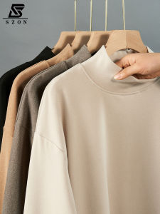 Mens Thermal Long Sleeve Base Shirt Autumn Winter Thickened Velvet Sweatshirt Japanese Style Simple Solid Color Half High Collar Top