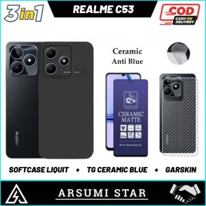 Paket 3in1 Case REALME C53 Camera Softcase Slim Black Matte Case Liquit Bonus Anti Gores Ceramic Matte Anti Spy + Garskin Carbon