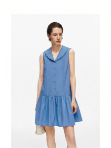 Cotton Blend A-Line Sleeveless Blue Dress