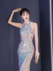 ชุดราตรีสายเดี่ยวประดับเลื่อมสำหรับผู้หญิง ชุดราตรีเอวกลาง ชุดยาวปานกลาง ชุดราตรีสุดหรูสำหรับงานเลี้ยงวันเกิด