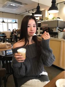 Elegant Lazy Style High Collar Knitted Sweater Womens Fashion Shoulder Bared Top for Autumn Season Comfortable Loose Fit Long Sleeve