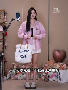 Dahong W417 เสื้อเชิ้ตแขนยาว สีพื้น ปักลายโบว์ ทรงหลวม สีชมพู เสื้อสไตล์เกาหลีแฟชั่นลำลอง แมชง่ายกับทุกลุค