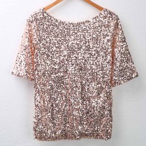 Women Shine Sequin T-Shirts Short Sleeve Spoon Collar Mid-Length Tee Tops Clubwear