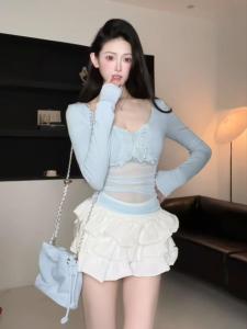 Chic Korean Style Butterfly Knot Mesh Base Shirt Short Womens Beautiful Inner Wear T-shirt Cute Style Long Sleeve V-Neck Regular Fit