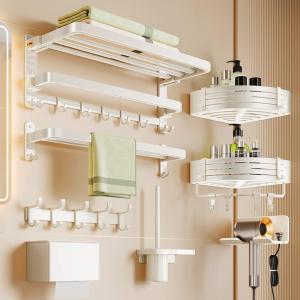 Bathroom Wall-Mounted Storage Rack Bathroom Accessories No-Drill Installation White Space Aluminum Towel Shelf