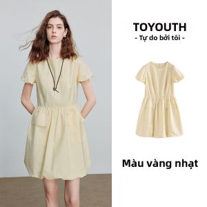 Toyouth | Đầm eo xòe chất liệu nhăn màu vàng nhạt