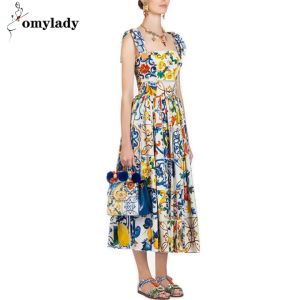 Summer Runway Flower Dress Self Portrait Womens Bow Spaghetti Strap Sundress Blue And White Porcelain Floral Long Dress