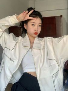 Retro American White Leather Jacket Womens Spring Autumn New Style High-End Feeling Small Audience Jacket Polo Collar Zipper