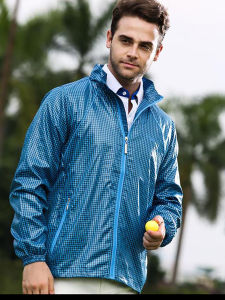Mens Golf Long Sleeve Windbreaker Jacket Plaid Design Quick Dry Zipper Closure Sports Casual Outerwear Blue Grey Spring Autumn