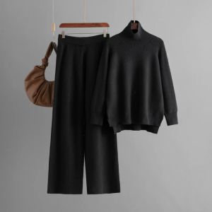 Autumn Winter Women High Neck Elegant Knit Sweater Top Pants 2-piece Sets Long-sleeved Pullovers Casual Loose Womens Clothing
