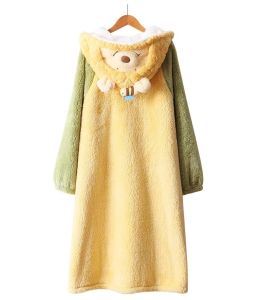 Thickened Coral Fleece Sleepwear Womens Winter Robe Warm Mid-Length Bathrobe with Flower Embroidery Cartoon Home Clothes