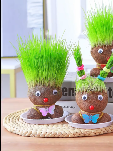 ตุ๊กตาหัวหญ้ากระถางเล็กสร้างสรรค์ หญ้าแมวธรรมชาติ ตุ๊กตาหญ้าที่มีต้นไม้สีเขียวบนหัวเพื่อสังเกตการเจริญเติบโตของพืช การทดลองของนักเรียน