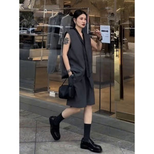 DANTING | Elegant Cold Style Womens Outfit Autumn Grey Suit Vest Shorts Set