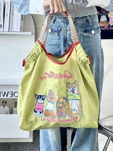 Japanese Tea Cup Cat Embroidery Shopping Bag New Shiba Inu Versatile Eco-friendly Bag Large Capacity Shoulder Bag Cute